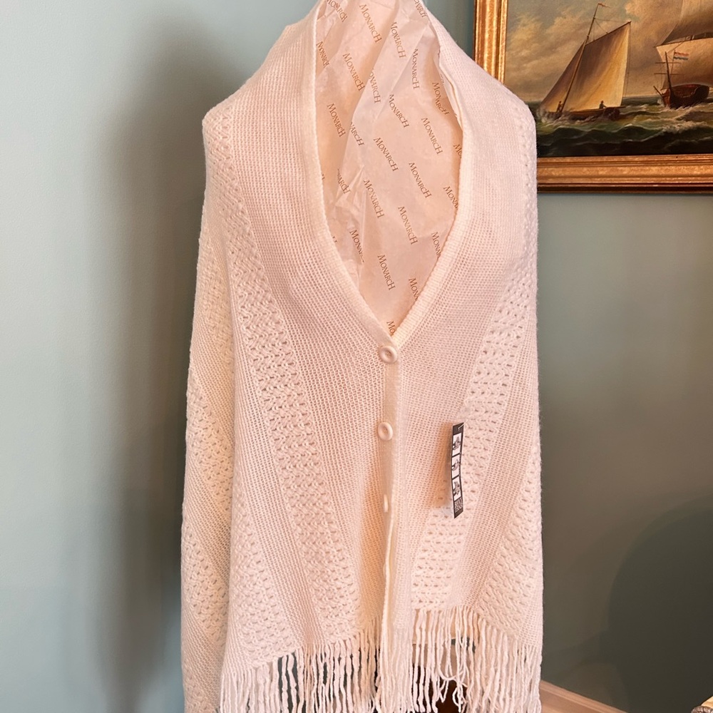 Elegant cream White Knit Shawl with Fringe 3 Way soft soft